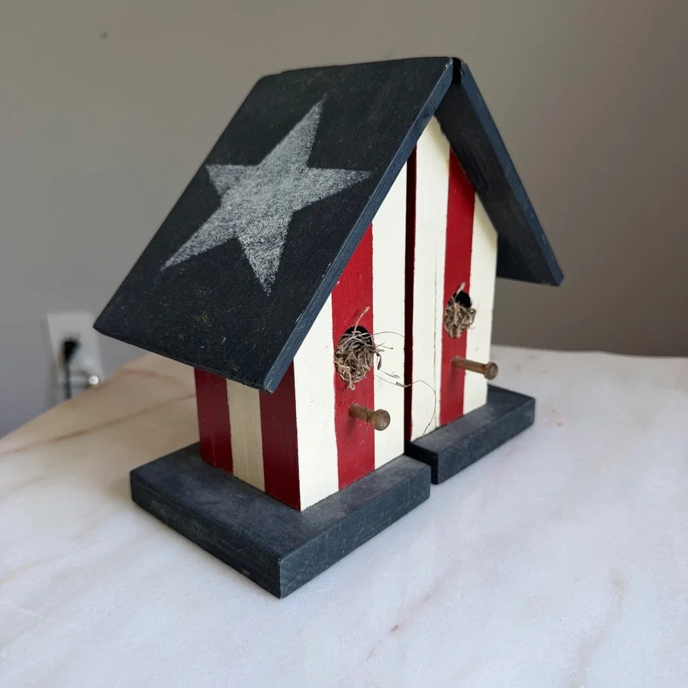 Americana Wooden Birdhouse Bookends Patriotic USA Star Farmhouse Decor